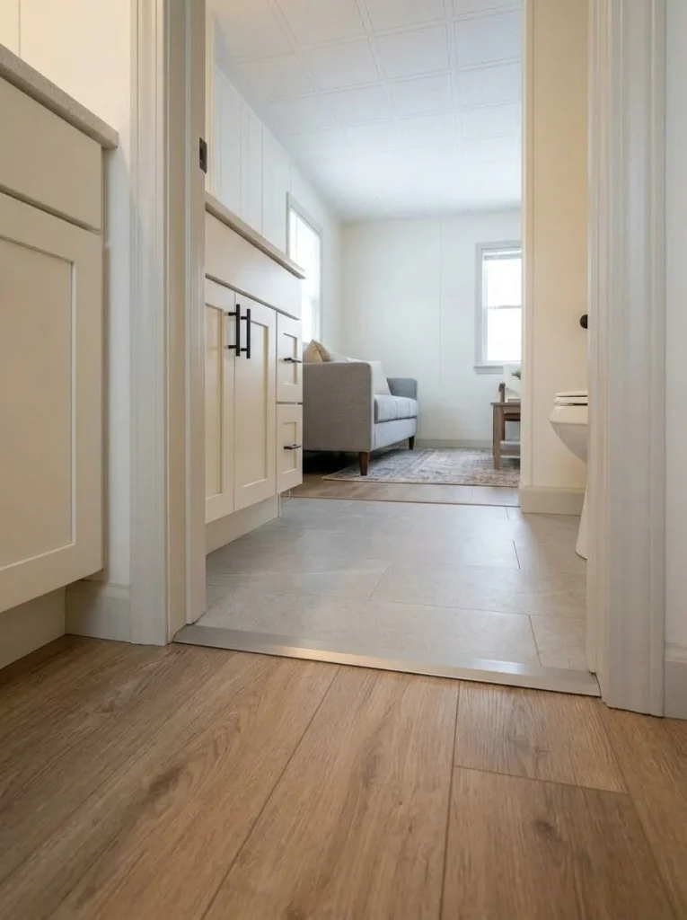 Clean floor transition strip creates a finished junction between two connected mobile home rooms.