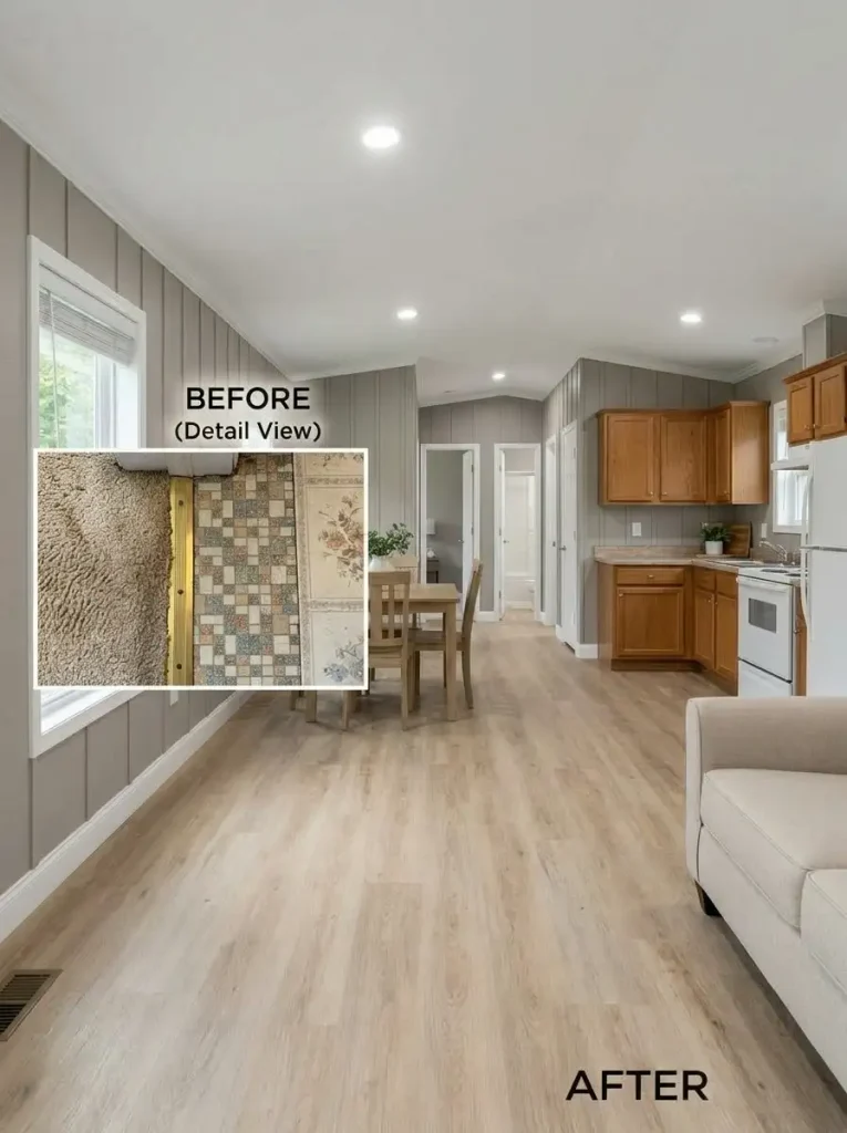 Connected mobile home living, dining and kitchen spaces unified by one continuous flooring material.