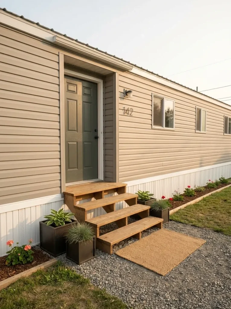 Painted front door, sound steps and simple planters create an affordable focal entry on a mobile home exterior.