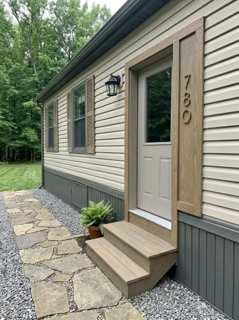 Simple front-door surround and vertical number panel create a clear focal point on a mobile-home facade.