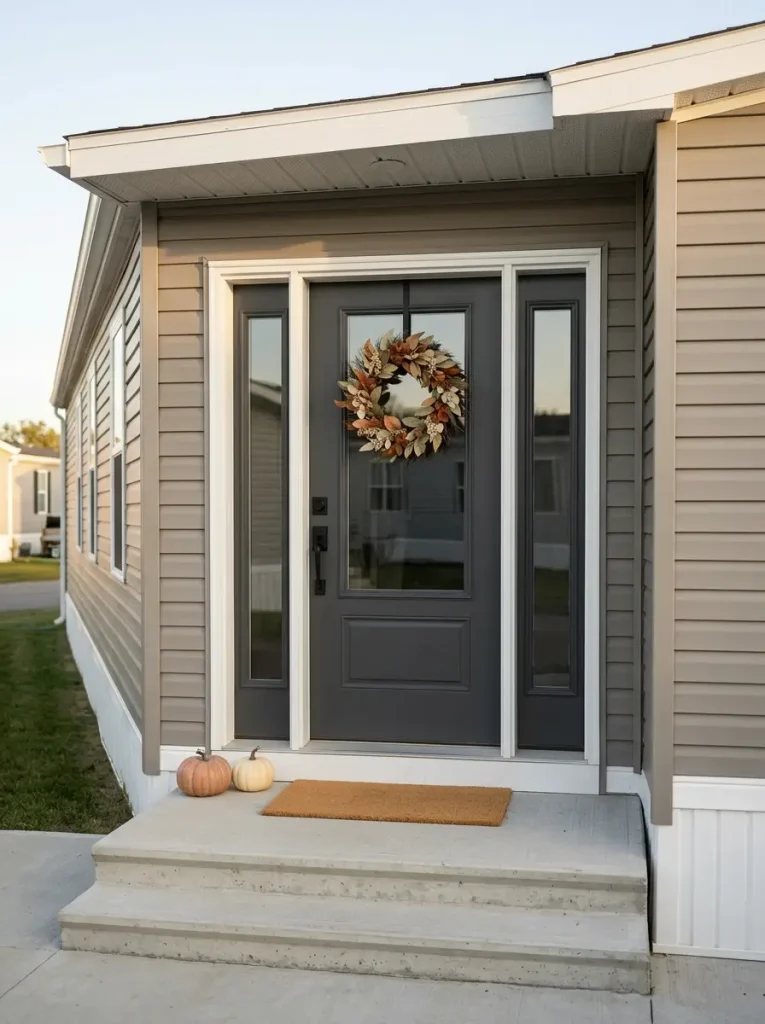 Mobile home front door showing glass, sidelights and storm-door layers for planning fall door decor.