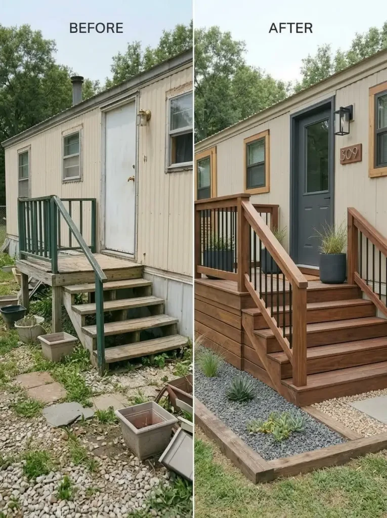 Mobile home entrance with coordinated steps, railings, door and lighting creating a more finished arrival.