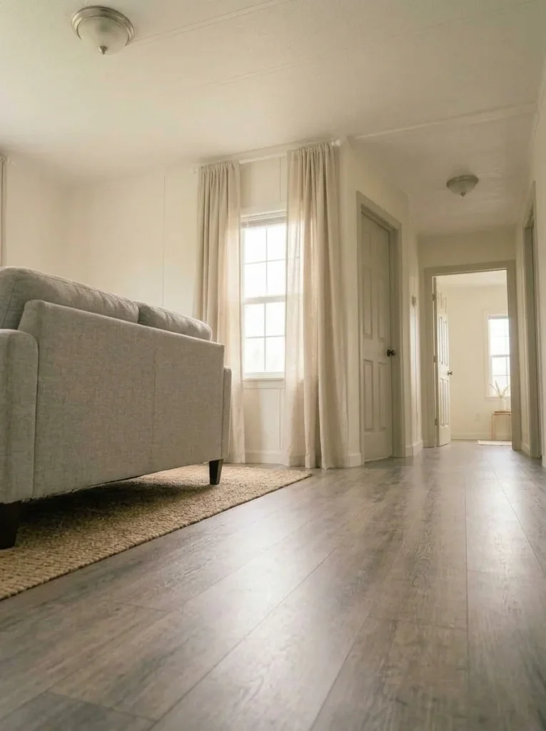 Higher curtain rod and full-length panels make a small mobile home window and low ceiling feel taller.