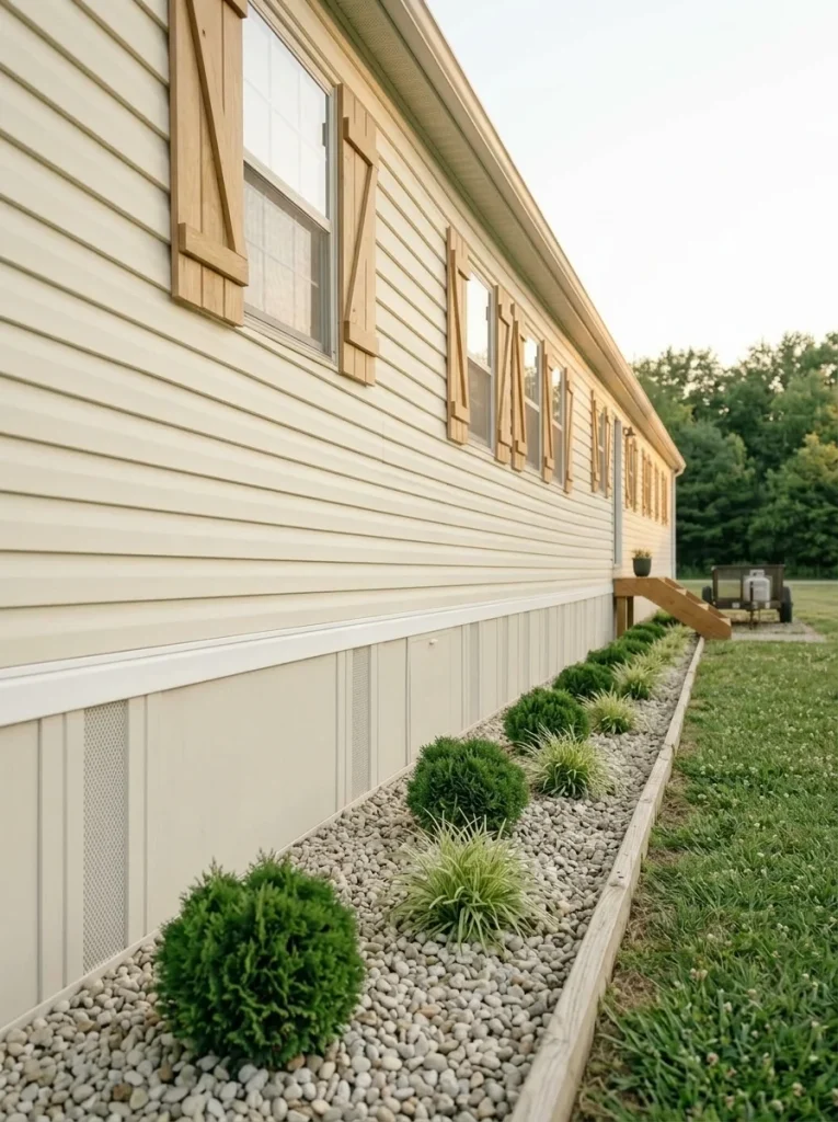 Narrow gravel and greenery border creates a clean finished edge along a long mobile home wall.