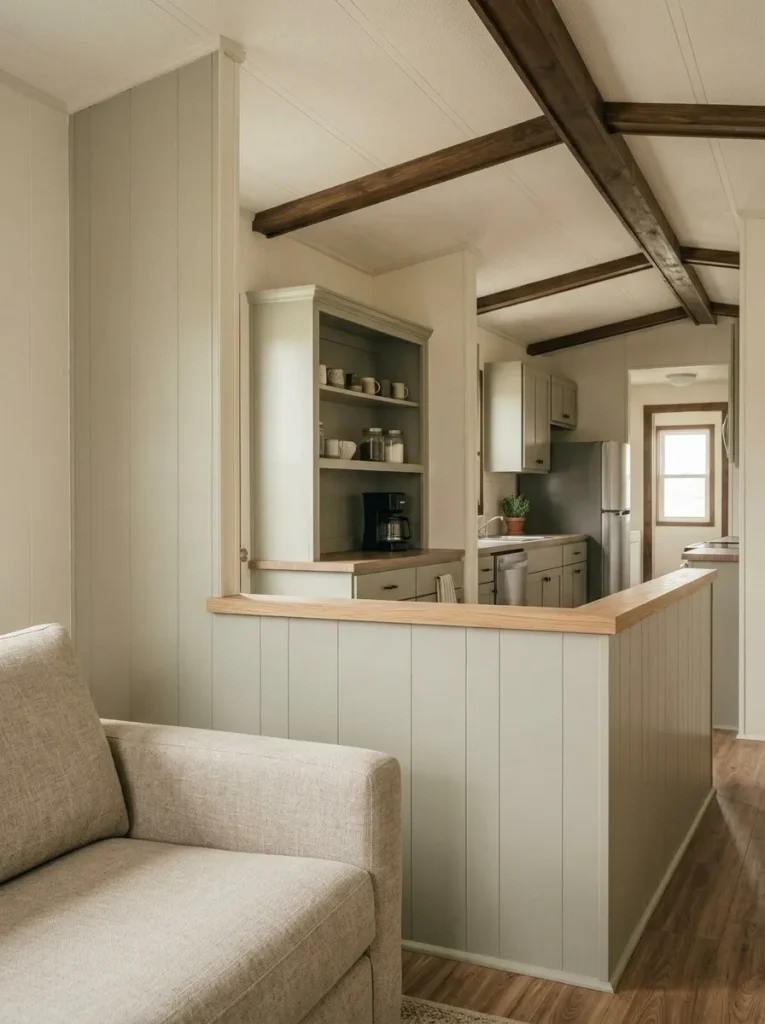 Mobile-home living room with a retained half-wall framing the transition into the kitchen.