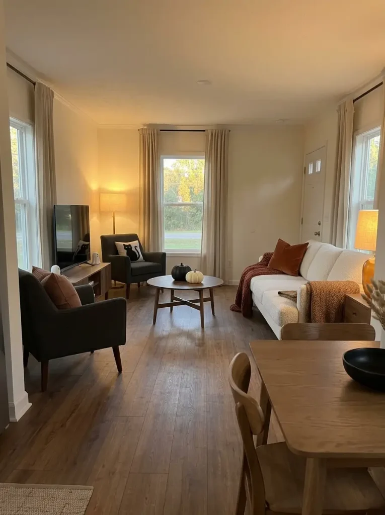 Small mobile home decorated for Halloween with burnt orange, cream, charcoal, and warm wood tones selected to complement the home's existing finishes.