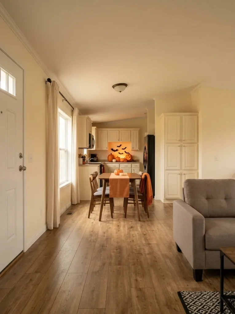 Long sightline through a mobile home with Halloween décor concentrated at one distant focal point and quieter spaces in between.