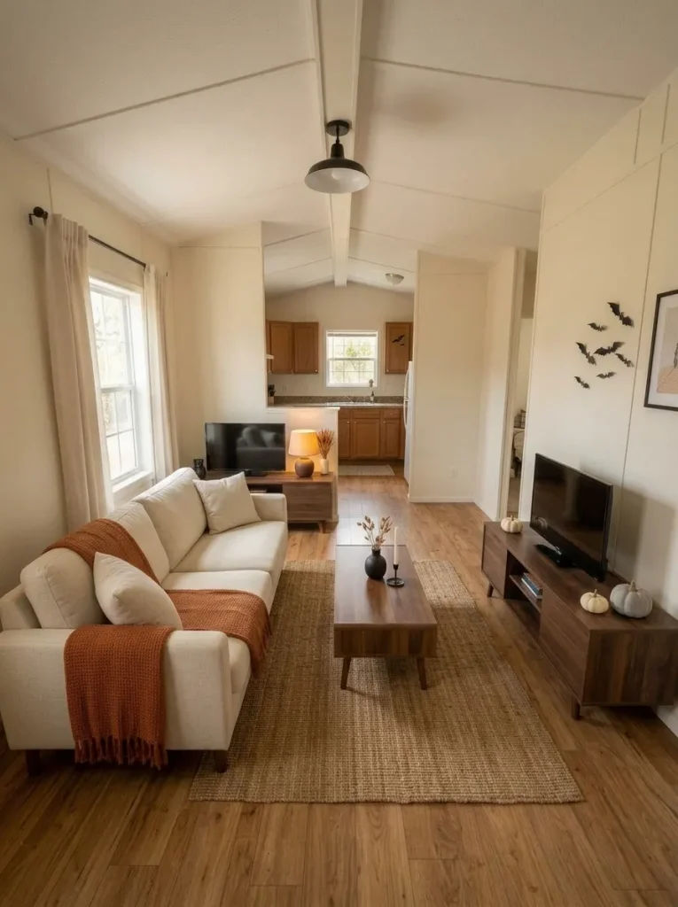 Long view through a mobile home with one strong Halloween living-room focal point and quieter decor in the dining area and kitchen.