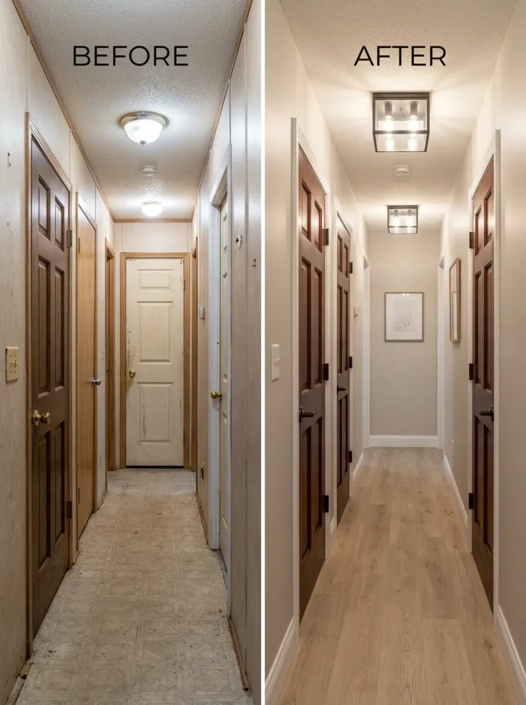 Mobile home hallway before and after coordinated doors, trim and hardware create a more unified long view.