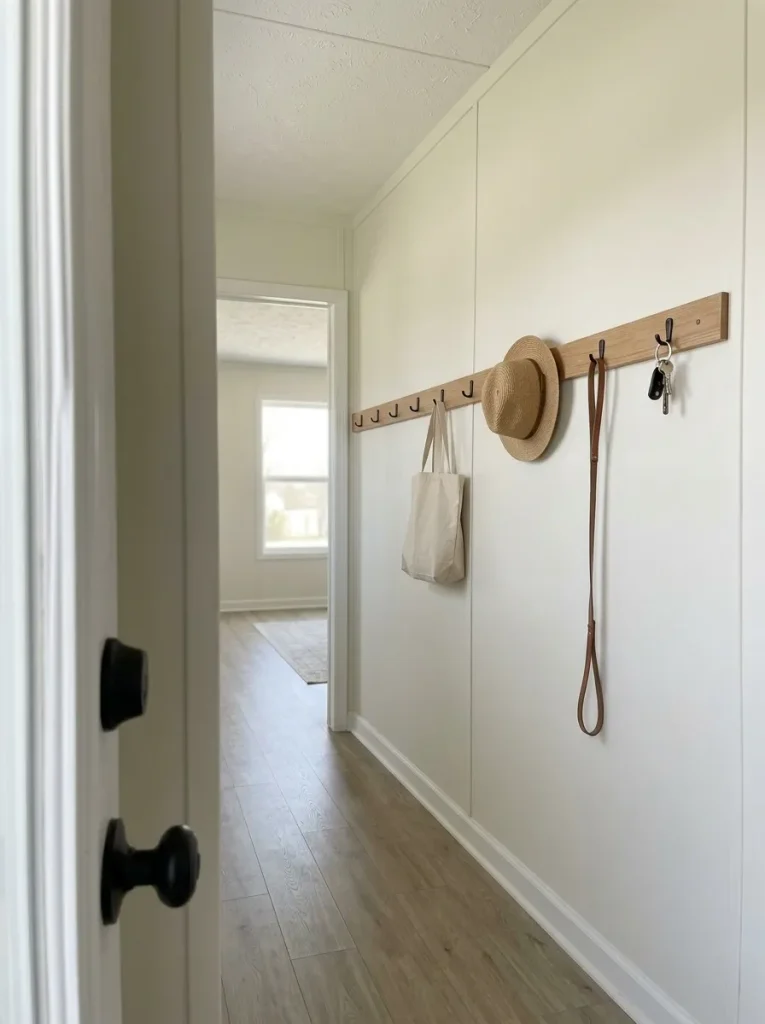 Narrow mobile home hallway with a slim oak hook rail holding only a few lightweight everyday items while circulation remains clear.