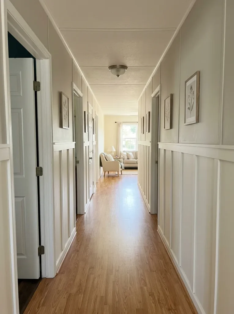 Narrow mobile-home hallway with shallow white wainscoting that adds detail while preserving the central walking path.