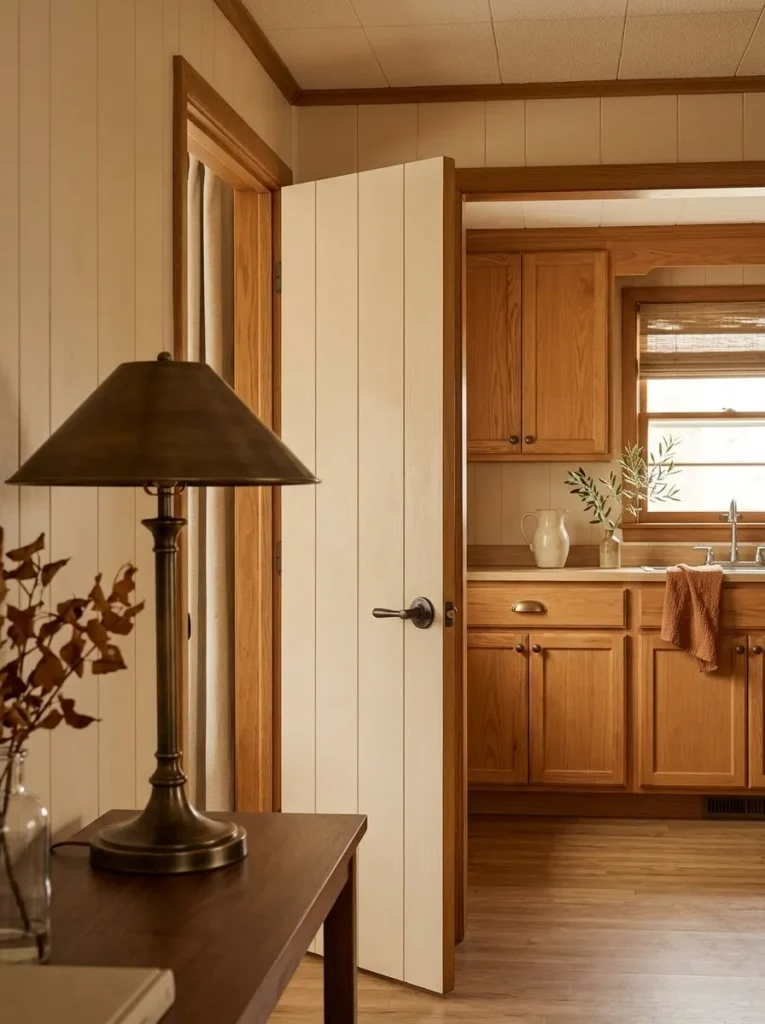 Coordinated aged metal hardware connects the living room, doorway and older mobile home kitchen.