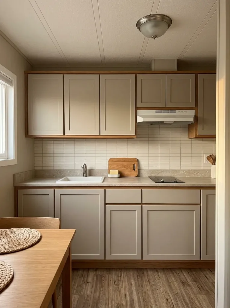 Continuous backsplash field defining the main work counter in a compact mobile-home kitchen.