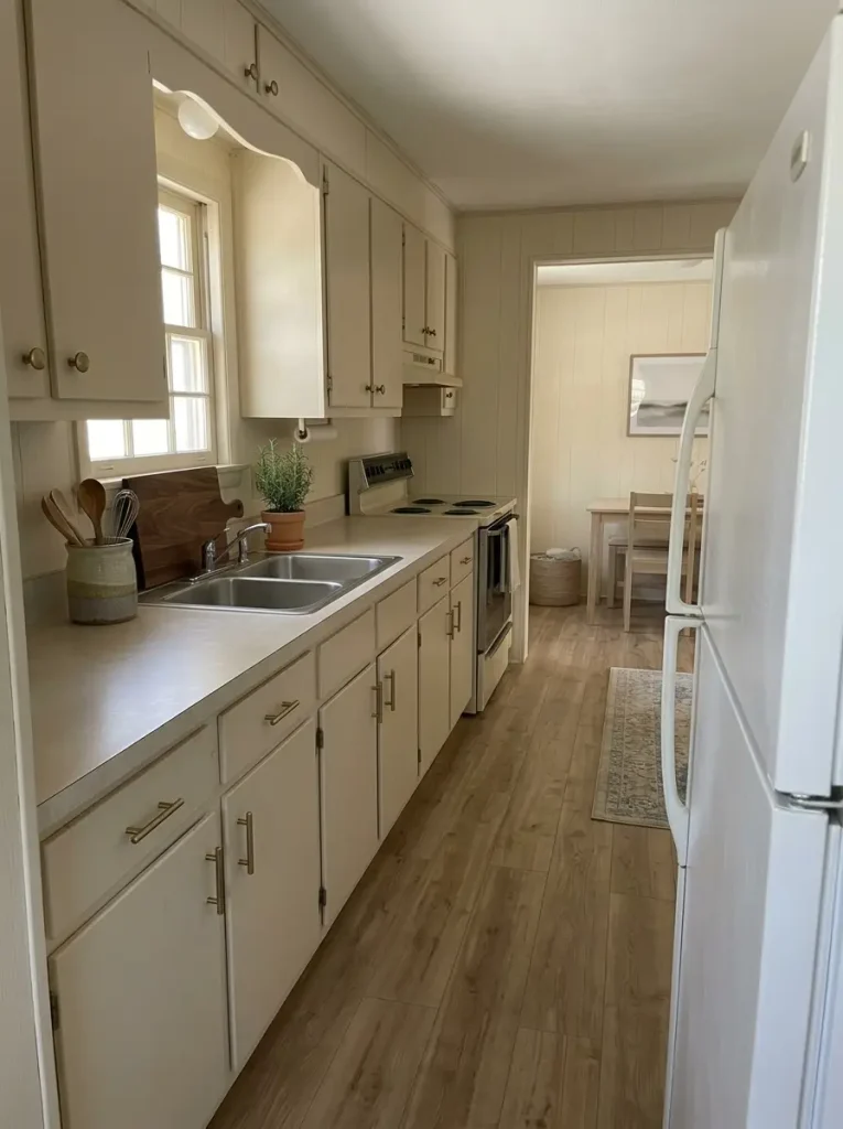 Serviceable mobile home kitchen cabinets updated with simple coordinated hardware as a small budget accent.