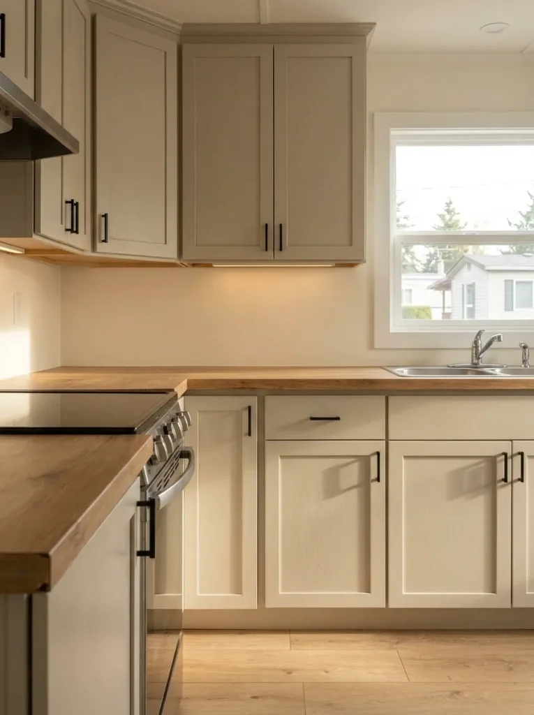 Refinished existing mobile-home kitchen cabinets with cohesive paint and hardware while retaining the original cabinet layout.