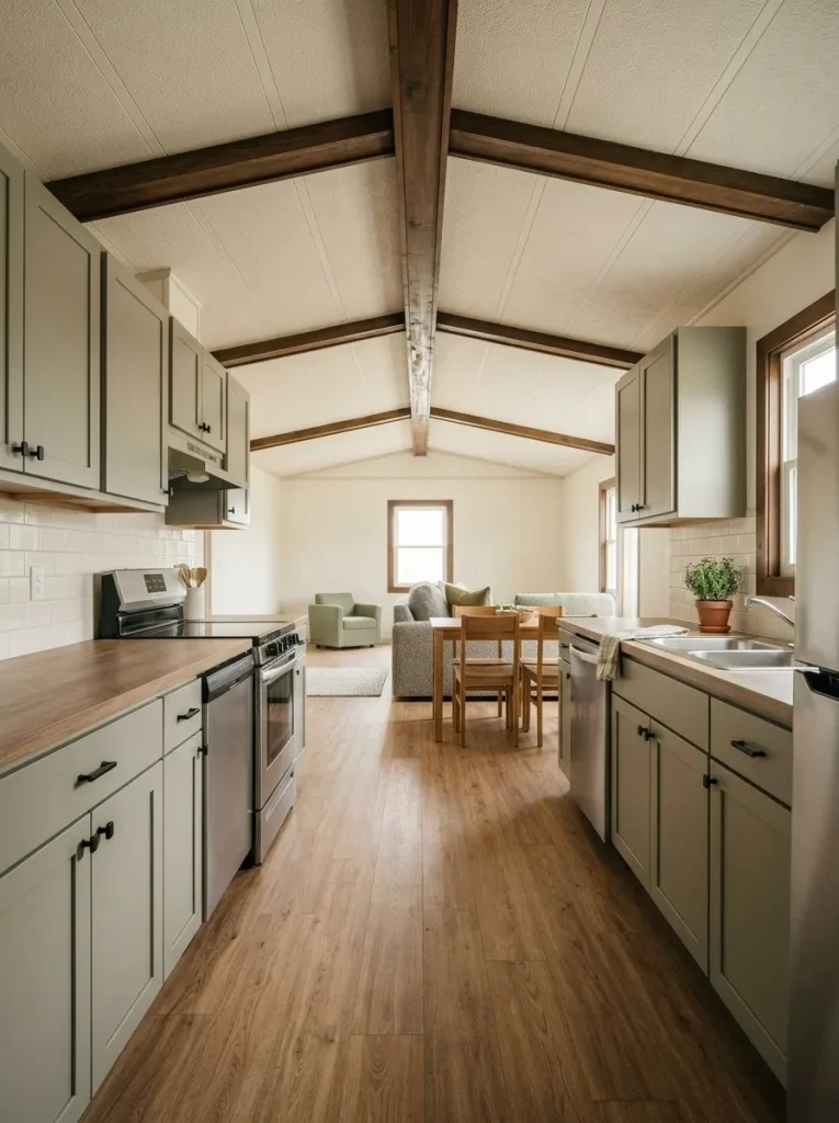 Compact mobile-home kitchen with original cabinet boxes refinished in a muted modern color.