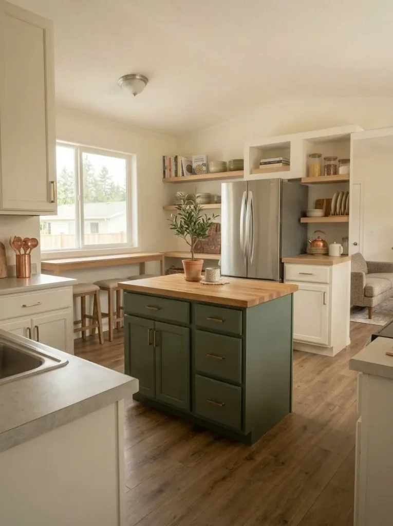 Plug-in lamps and under-cabinet lighting create layered evening zones in an open mobile home interior.