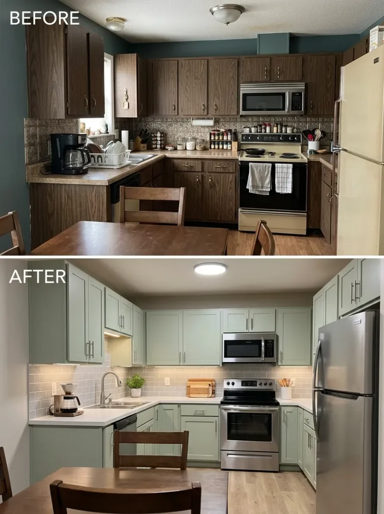 Mobile-home kitchen before and after its dominant finish field is simplified while the cabinet layout and appliances remain unchanged.