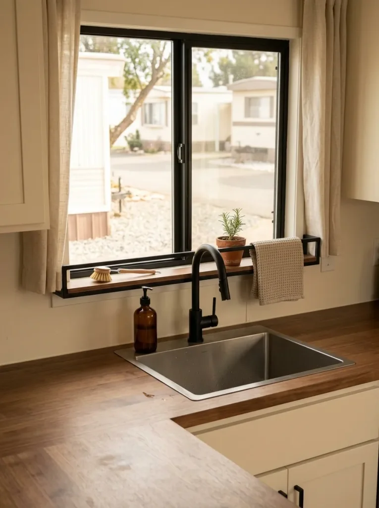 Slim shelf and rail around a mobile-home kitchen window free up counter space beside the sink.