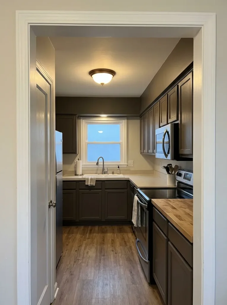 Mobile-home kitchen with an original soffit visually integrated into the cabinet elevation.