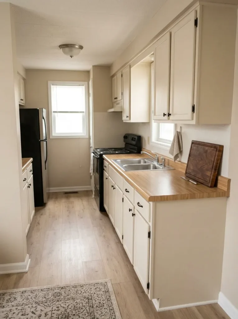Compact mobile home kitchen with one useful wooden board leaned against the backsplash while keeping the counter clear.