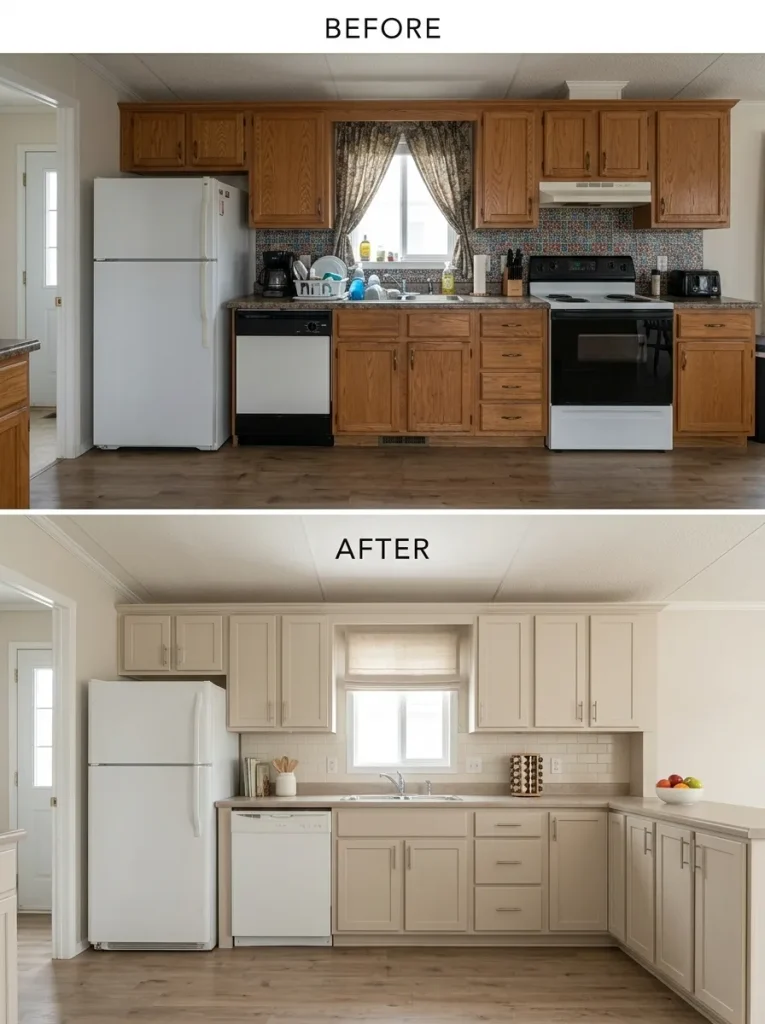 Straight-on mobile home kitchen before and after cabinets, counter, and backsplash are reorganized into a clearer visual hierarchy.