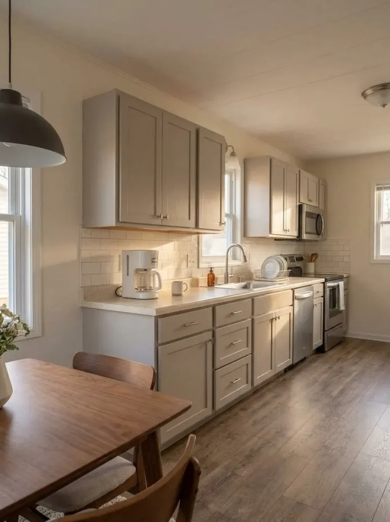 Coordinated 1980s mobile-home kitchen with quiet cabinetry, countertop, backsplash and appliances forming one calm work zone.