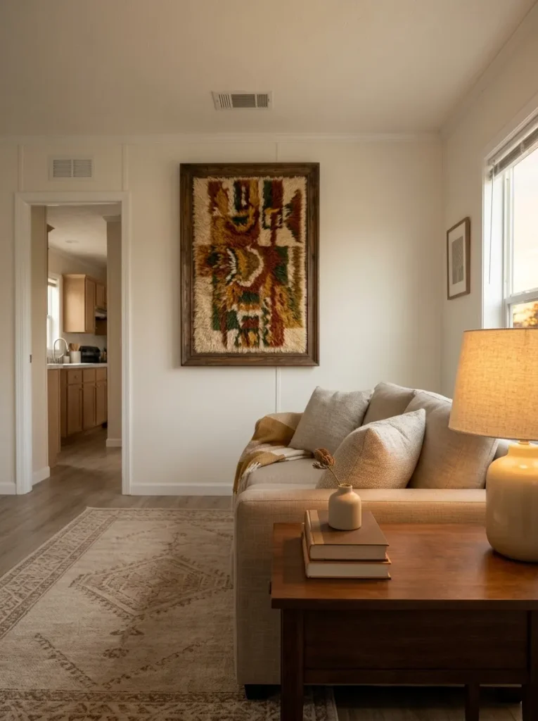 Existing mobile home table lamp updated with a simple linen shade beside a compact neutral sofa.