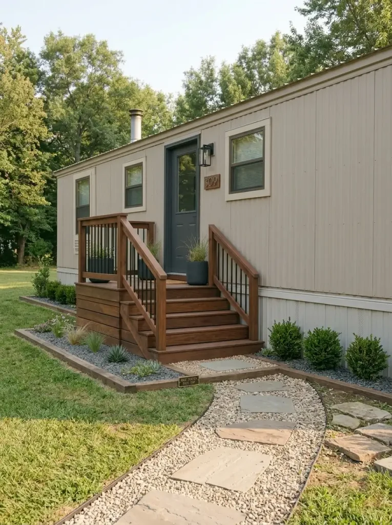 Simple walkway and restrained landscaping visually connect an older mobile home to its site and front entry.