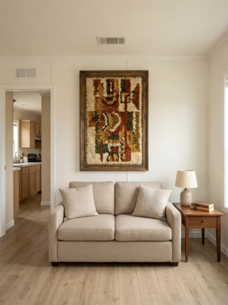 Large thrifted artwork creates one clear focal point above a sofa on a mobile home panel wall.