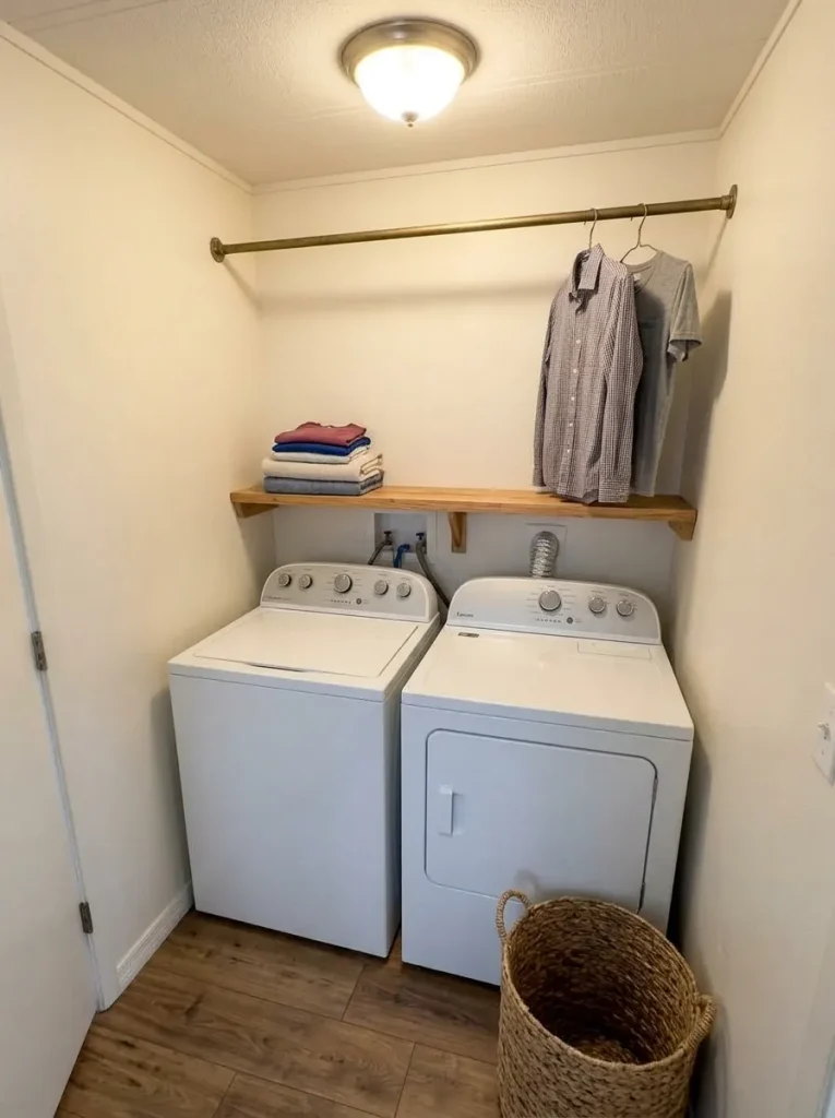 Folding shelf and hanging rail add a practical work sequence above the washer and dryer in a compact mobile-home laundry nook.