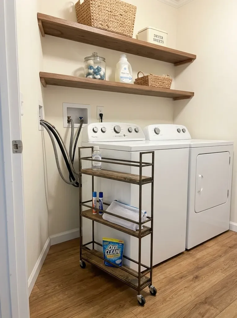 Slim DIY rolling cart pulled from the narrow gap beside a washer in a small mobile home laundry room.