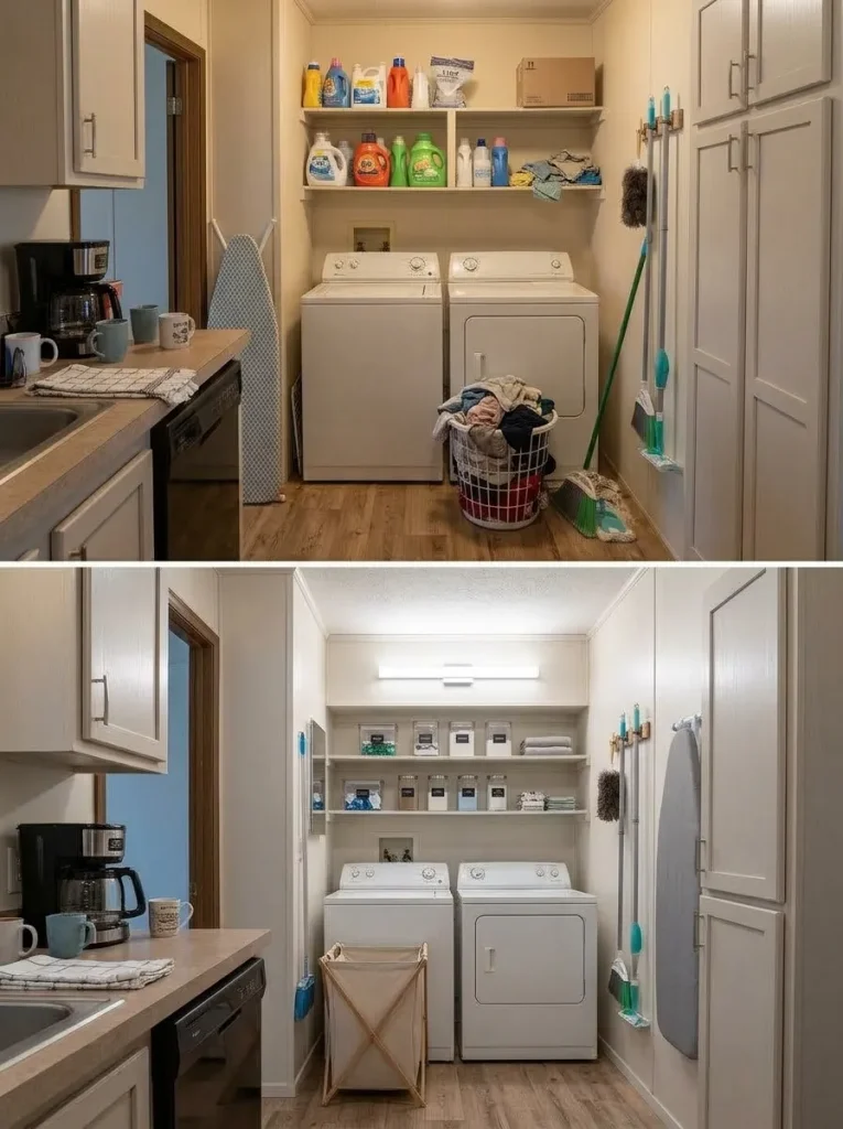 Mobile home kitchen and laundry area before and after utility clutter is organized so the adjoining room feels more intentional.