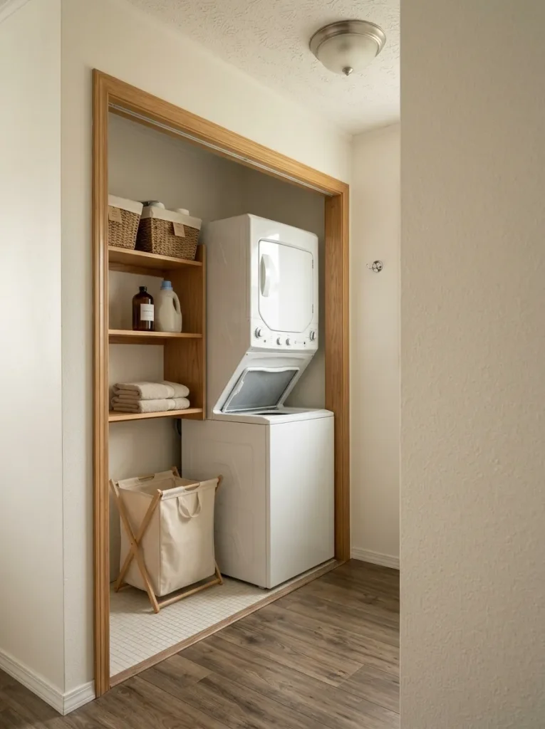 Muted sage headboard wall gives a compact mobile home bedroom one clear focal point.