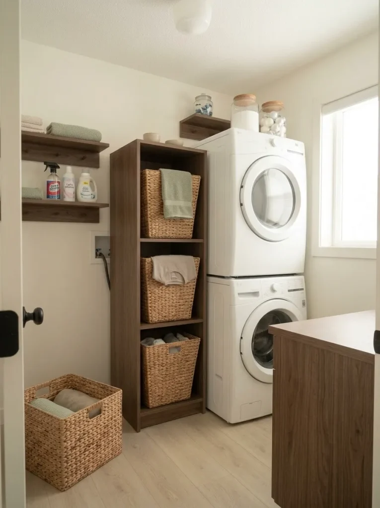 Compact mobile home laundry wall with upper supply shelves and a clear work surface beside white washer and dryer.