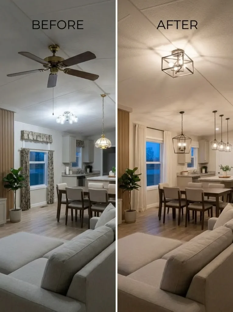 Connected mobile home rooms with coordinated ceiling fixtures creating a consistent lighting style at night.
