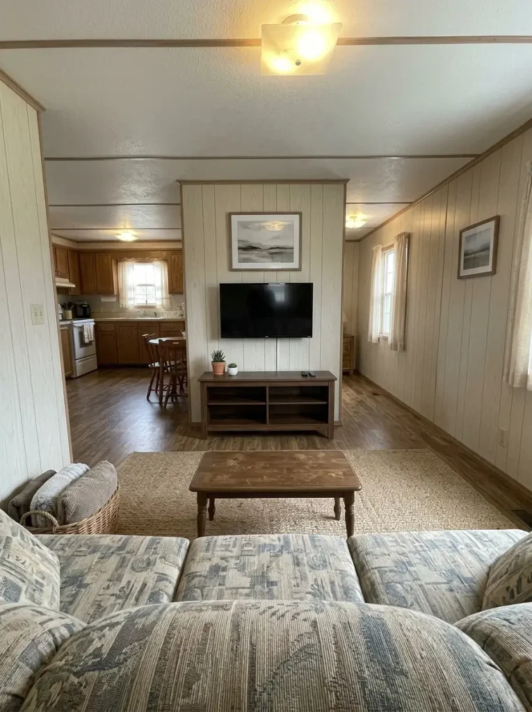 Mobile home living room with one clear TV-wall focal point and quieter surrounding decor.