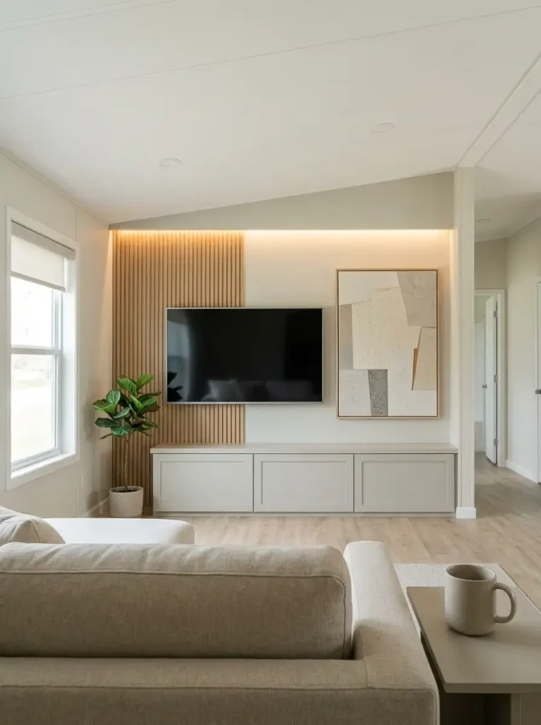 Mobile home living room organized around one calm focal wall viewed from the main seating position.
