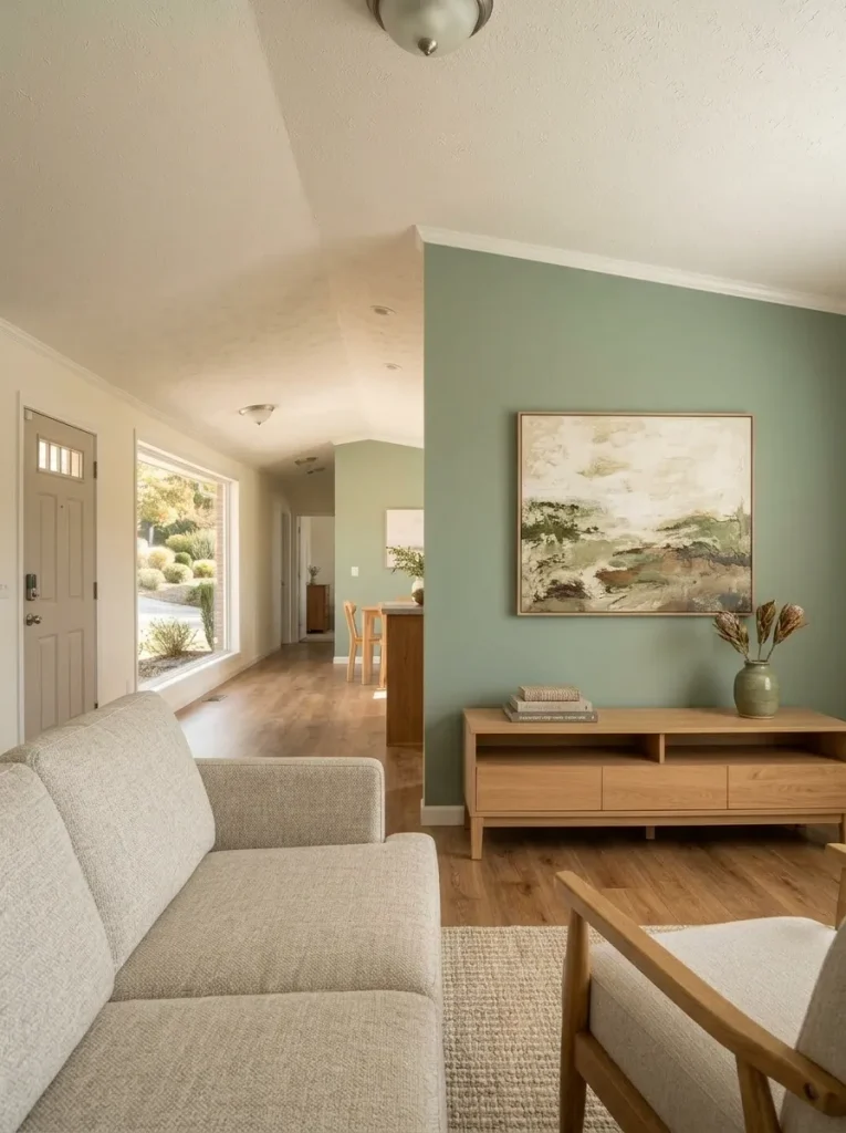 Coordinated curtains and rods make two mobile home windows read as one intentional wall treatment.