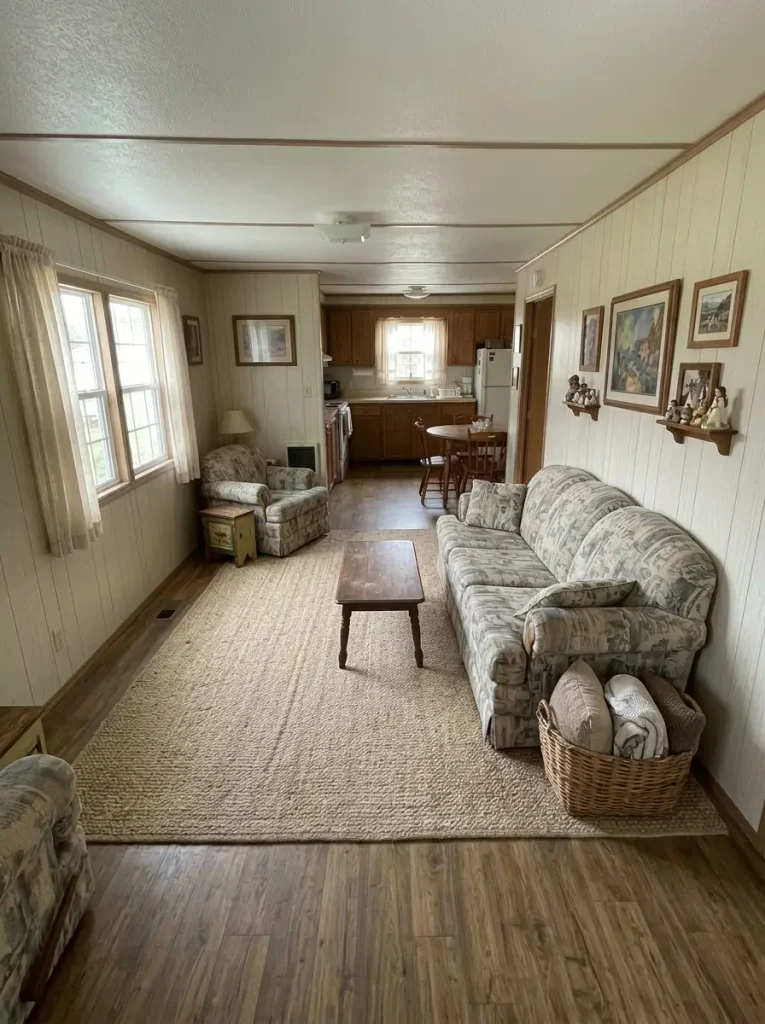 Existing sofa moved to the long wall of a mobile home living room to improve circulation without buying new furniture.