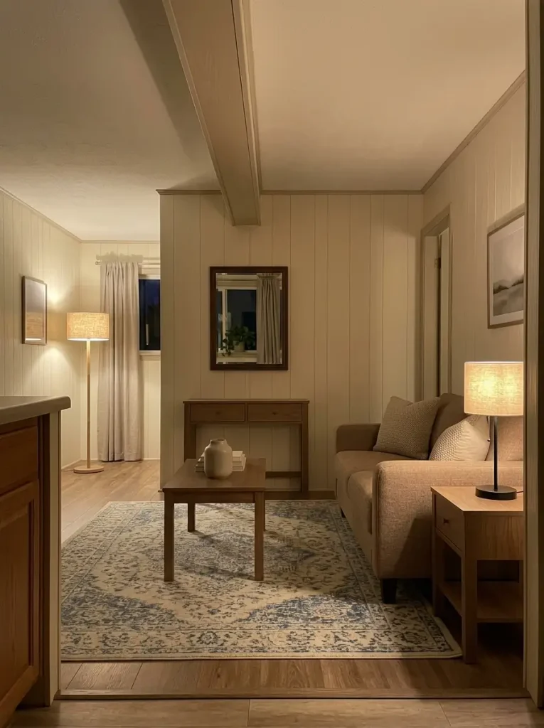 Mobile home living room warmed at night with layered floor and table lamps instead of relying on one overhead light.
