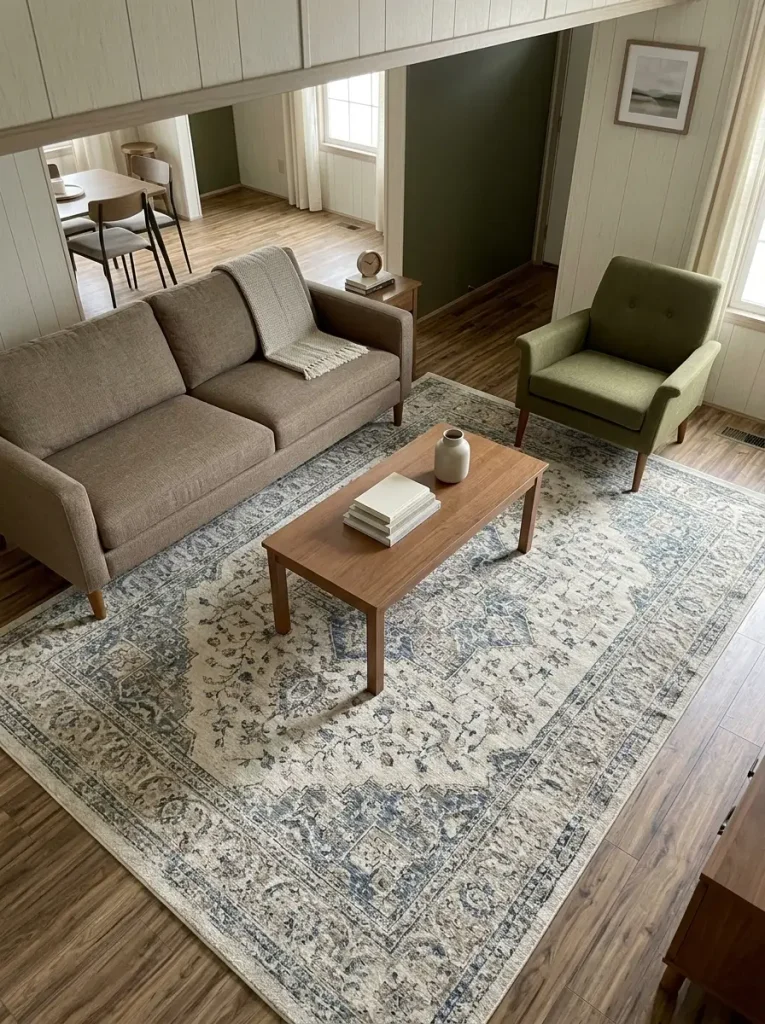 Properly scaled area rug grouping mobile home living room furniture while preserving a clear walking path.