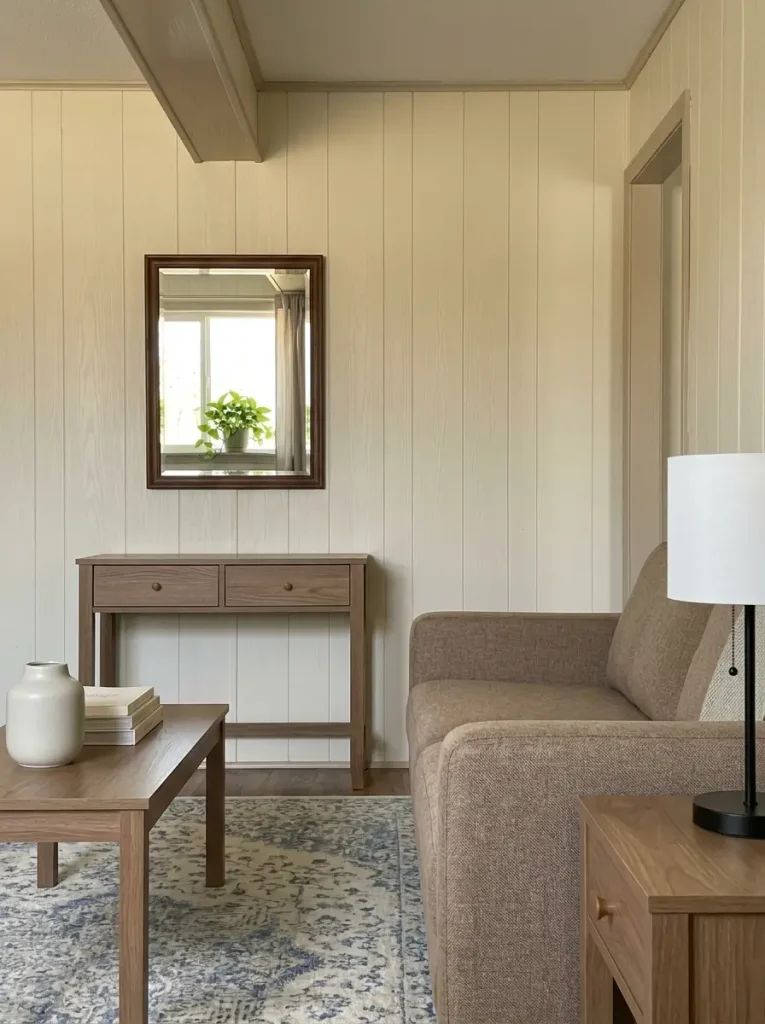 Mobile home mirror positioned to reflect natural window light and a calm part of the living room rather than clutter.