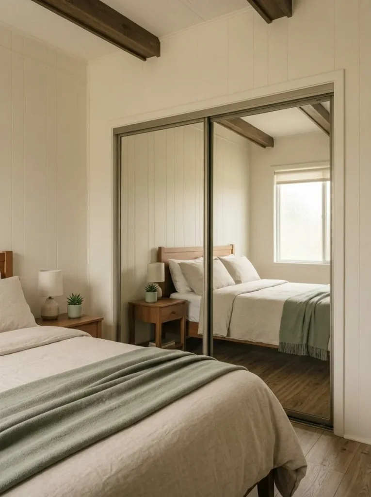 Small mobile-home bedroom where mirrored closet doors reflect daylight and a calm bed arrangement.