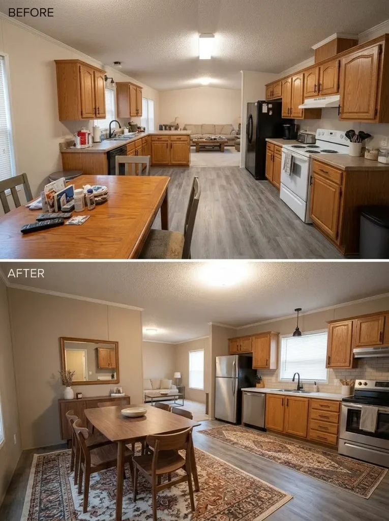 Connected mobile home rooms before and after mixed wood, gray, black, and white finishes are coordinated without painting every original surface.