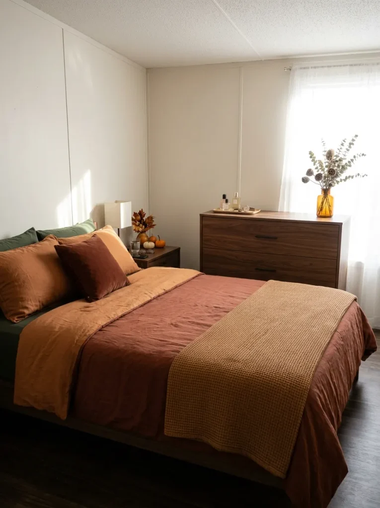 Compact mobile home bedroom showing clear usable space on a fall-styled nightstand and dresser beside essential everyday items.