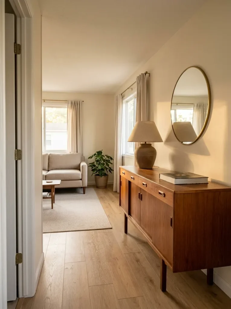 Compact mobile home living room organized around one well-scaled secondhand anchor piece with minimal extra décor.