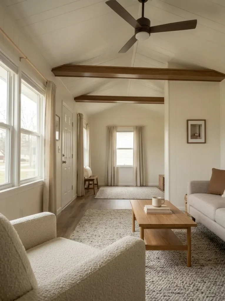 Warm modern mobile-home living room using one consistent walnut-toned wood family across the beam, table and trim.