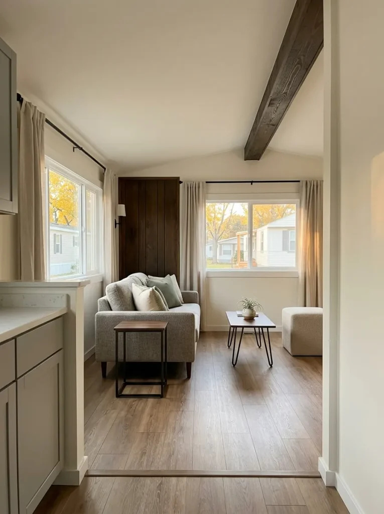 Finished mobile-home living room with one original wood feature preserved as a deliberate character marker.