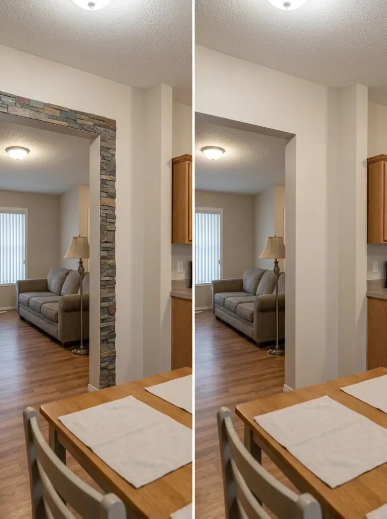 Connected mobile home living and dining space before and after an isolated outdated feature-wall material is removed from the visual scheme.